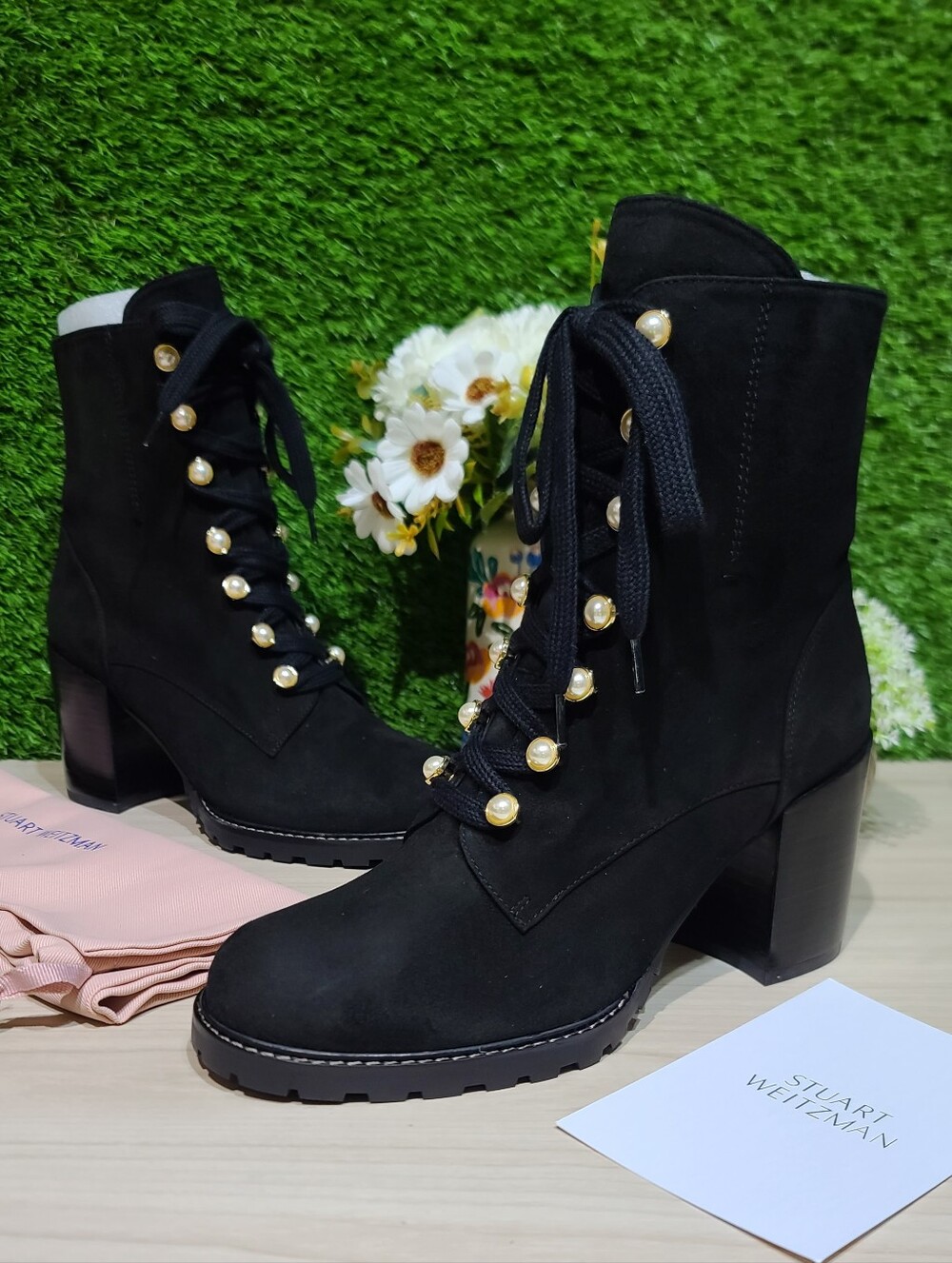 Stuart Weitzman Ivey 80 Black Suede Combat Ankle Boots US Women's 9.5 NEW